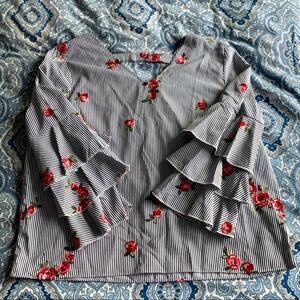 VERTIGO PARIS - Striped Flower Embroidered Blouse
